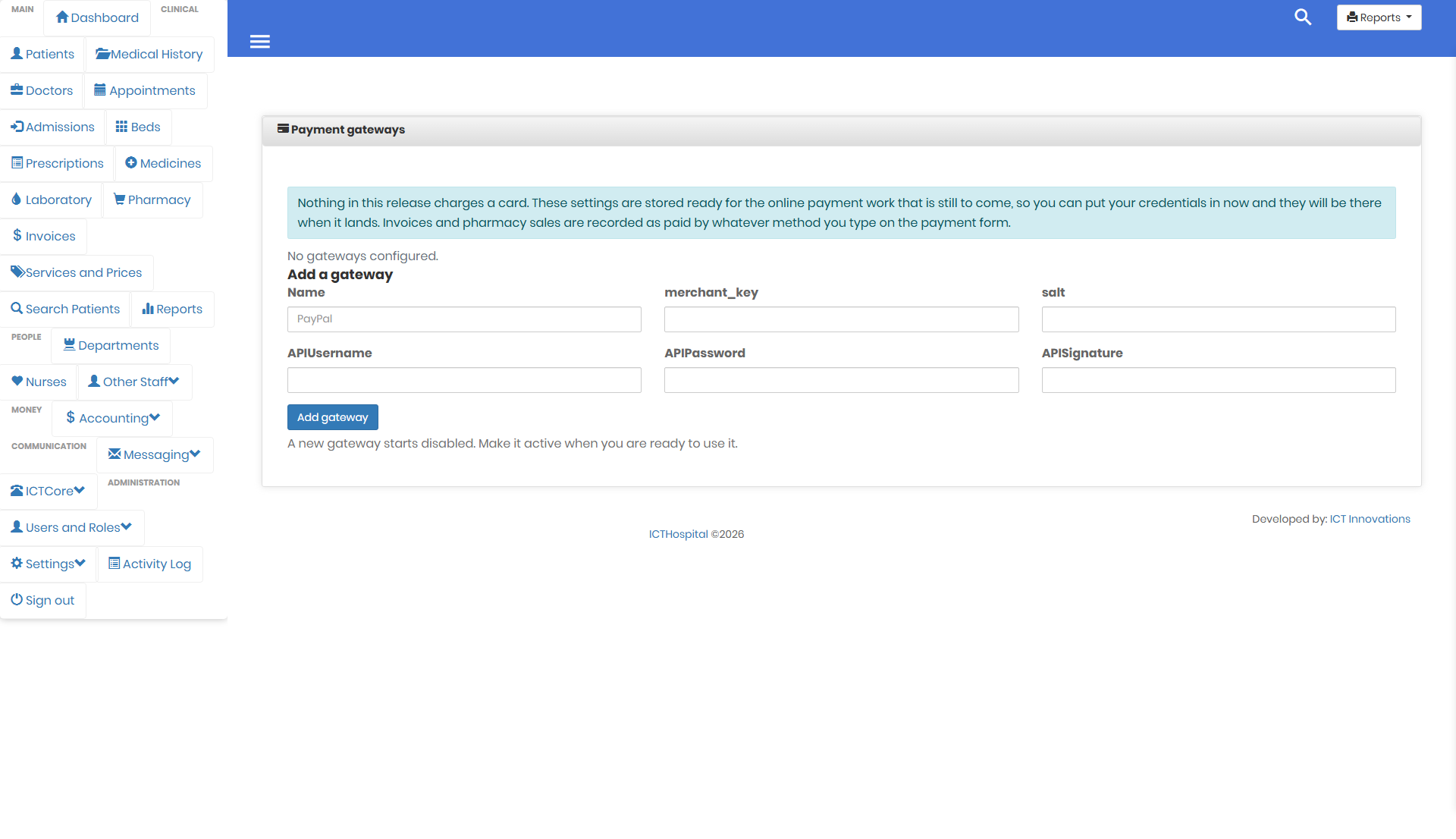 Payment gateway settings in ICTHospital with write only credentials
