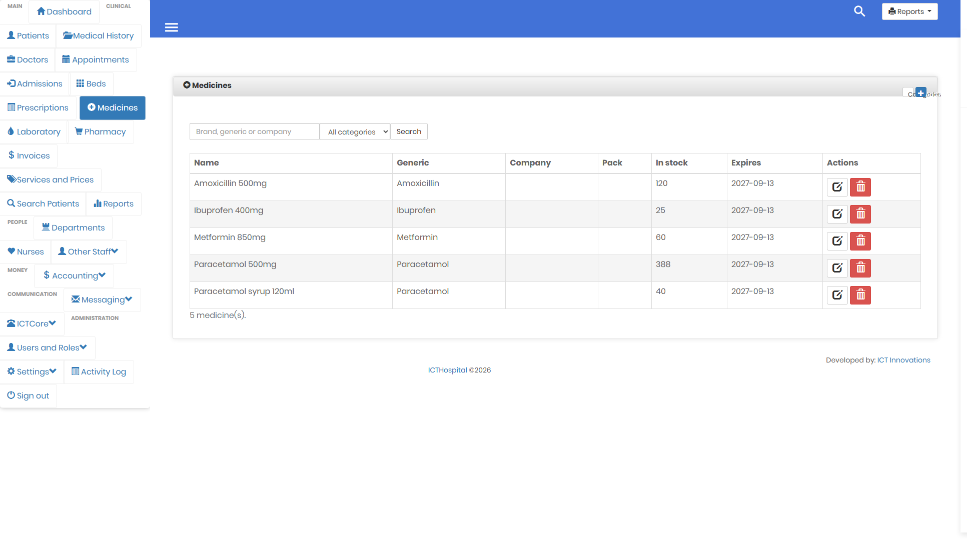 Medicine catalogue in ICTHospital with stock quantities and prices