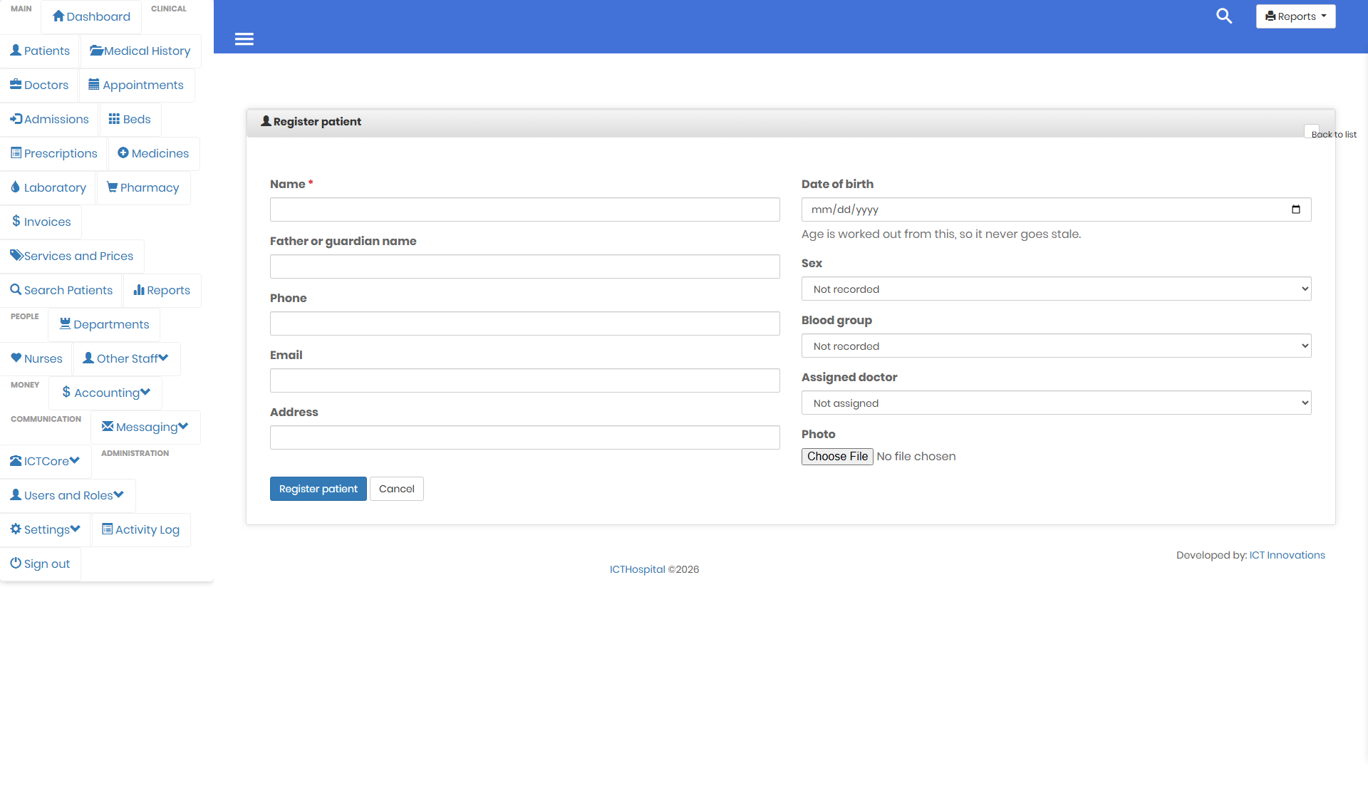 Patient registration form in ICTHospital