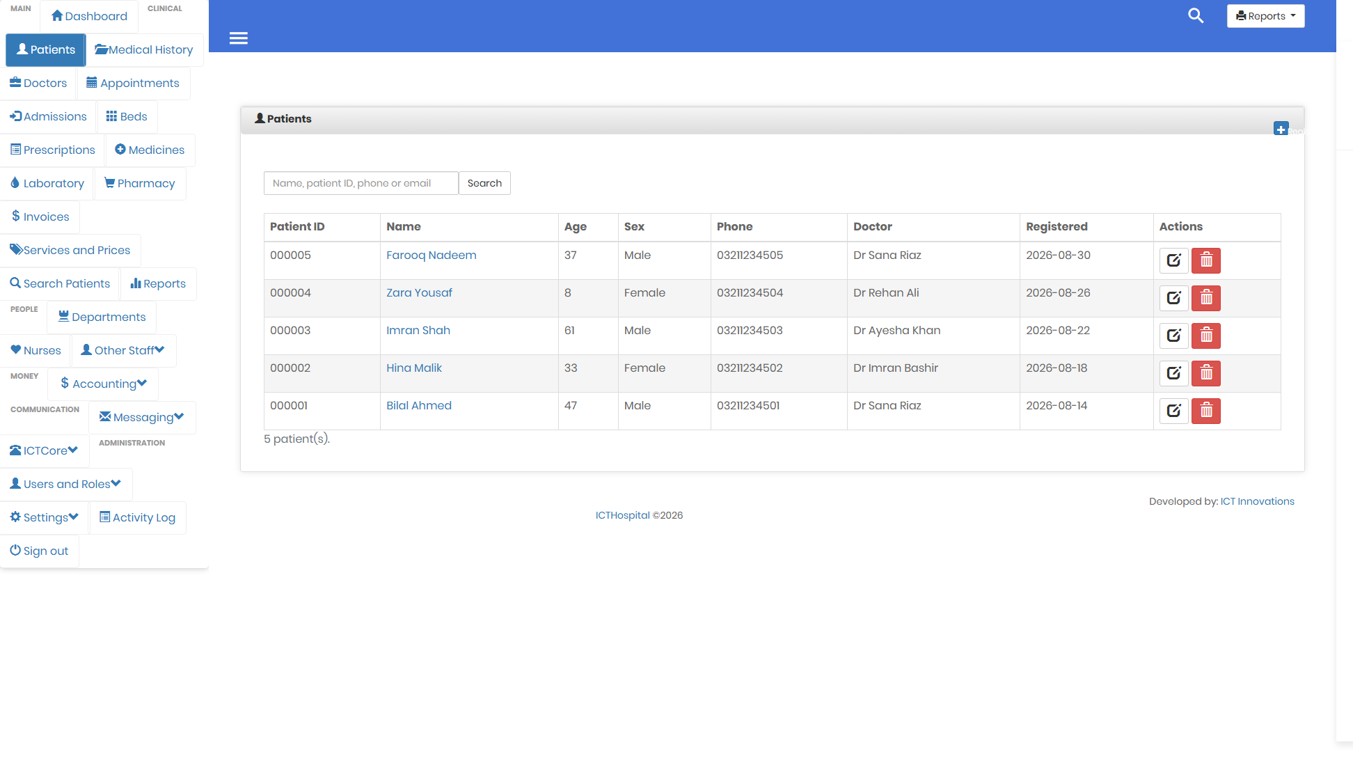 Patient list in ICTHospital with search, patient ID, age, phone and assigned doctor