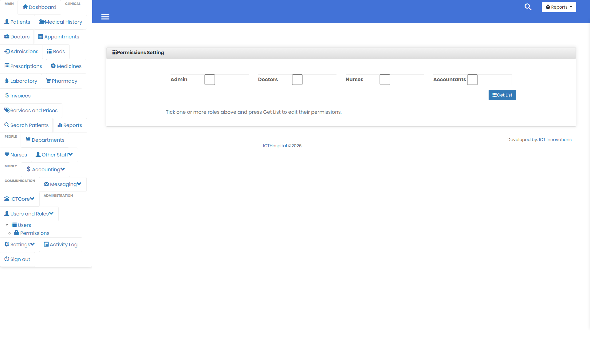 Permission grid in ICTHospital across Admin, Doctor, Nurse and Accountant