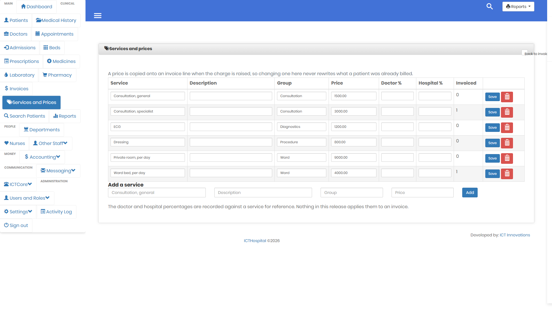 Billable services and price list in ICTHospital