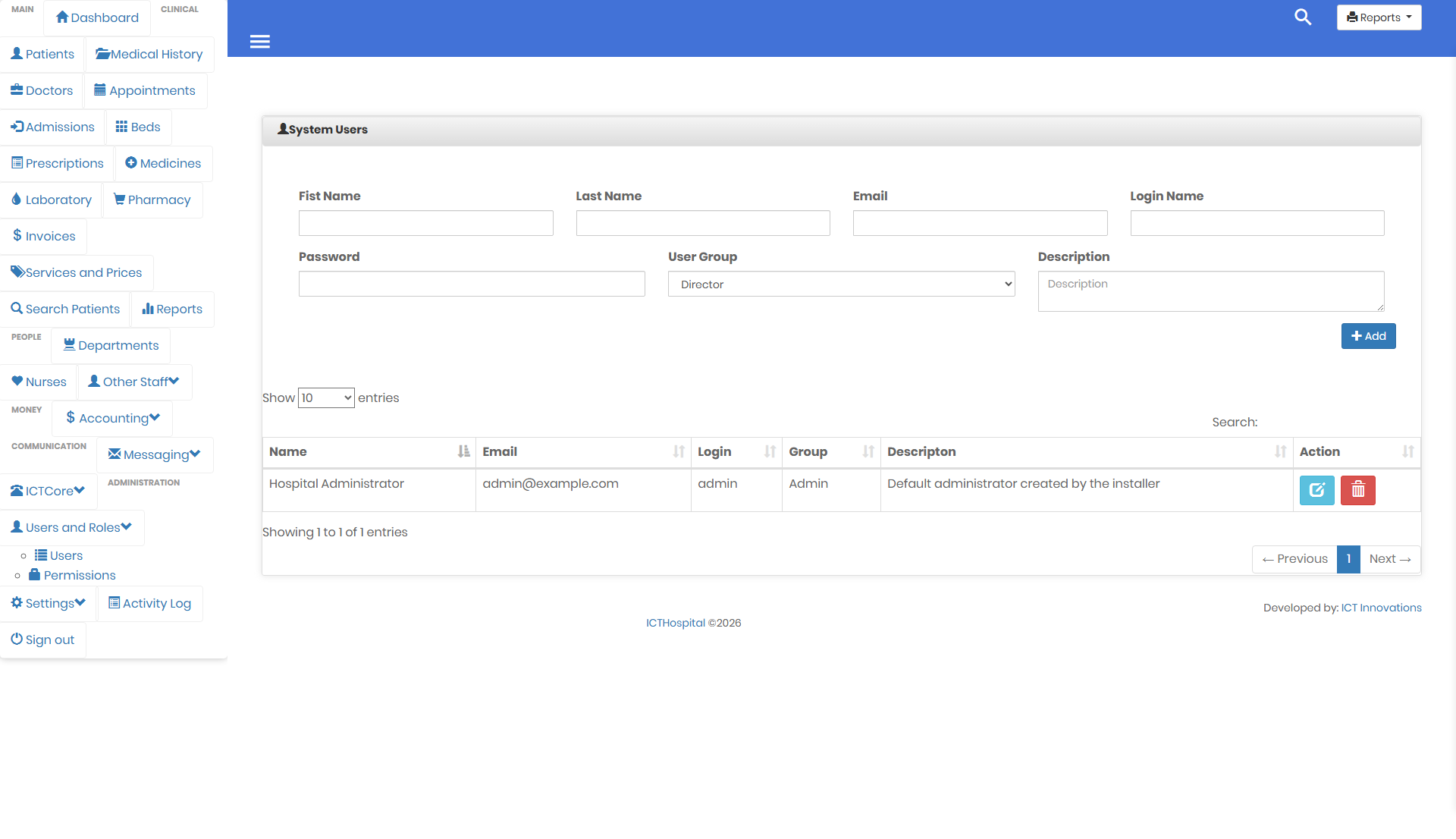 User list in ICTHospital