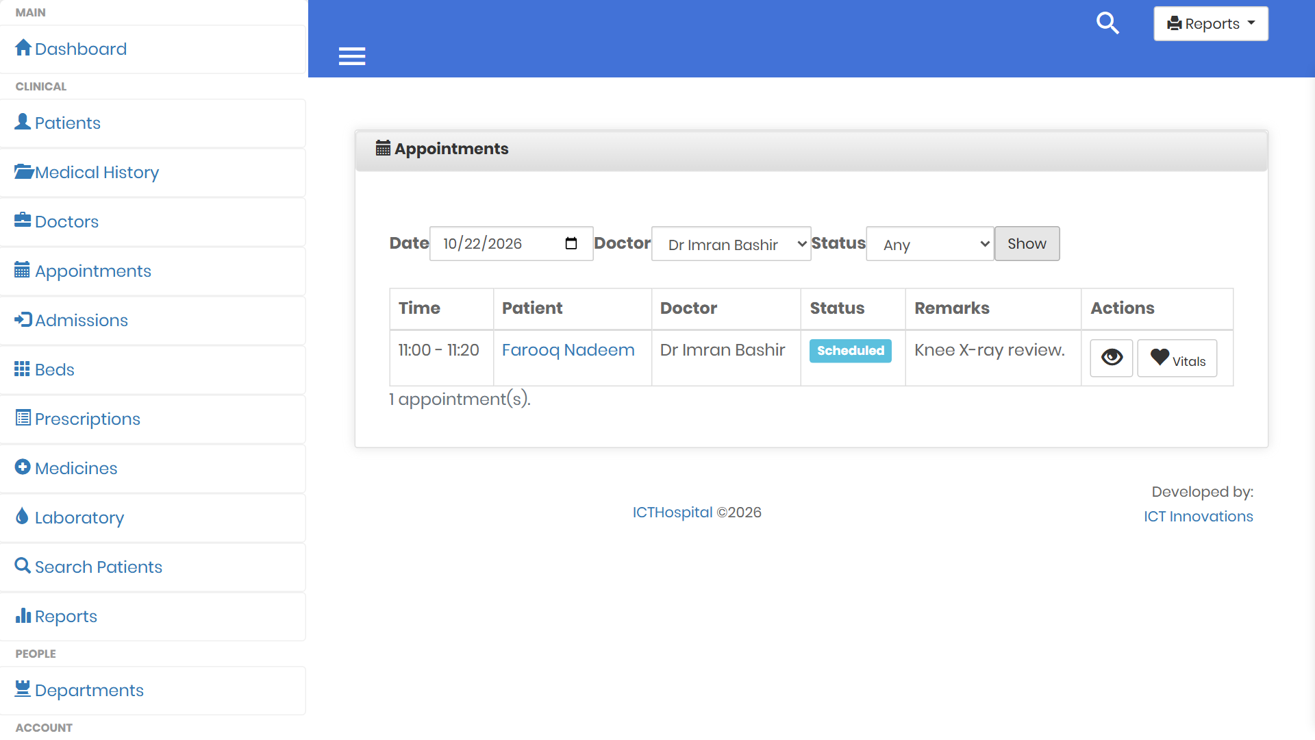 ICTHospital appointment day list filtered to one doctor, with the Open and Vitals buttons