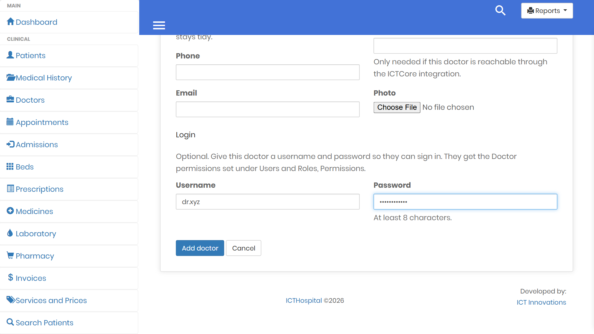 Add doctor form in ICTHospital with the Login section for a username and password