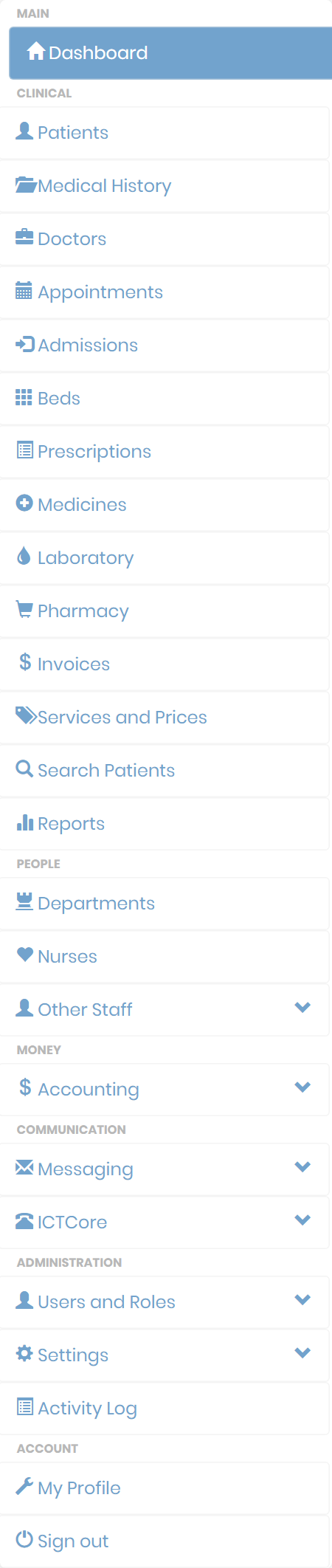 ICTHospital menu for an administrator, including Accounting, Messaging, ICTCore, Users and Roles, Settings and Activity Log