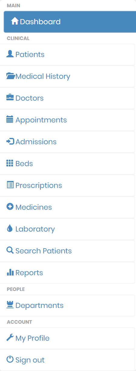 ICTHospital menu for a doctor, with clinical screens and My Profile only