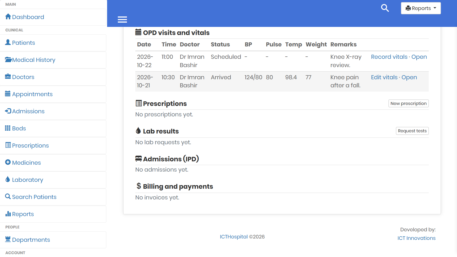 Patient record in ICTHospital listing OPD visits with blood pressure, pulse, temperature and weight, then prescriptions, lab results, admissions and billing