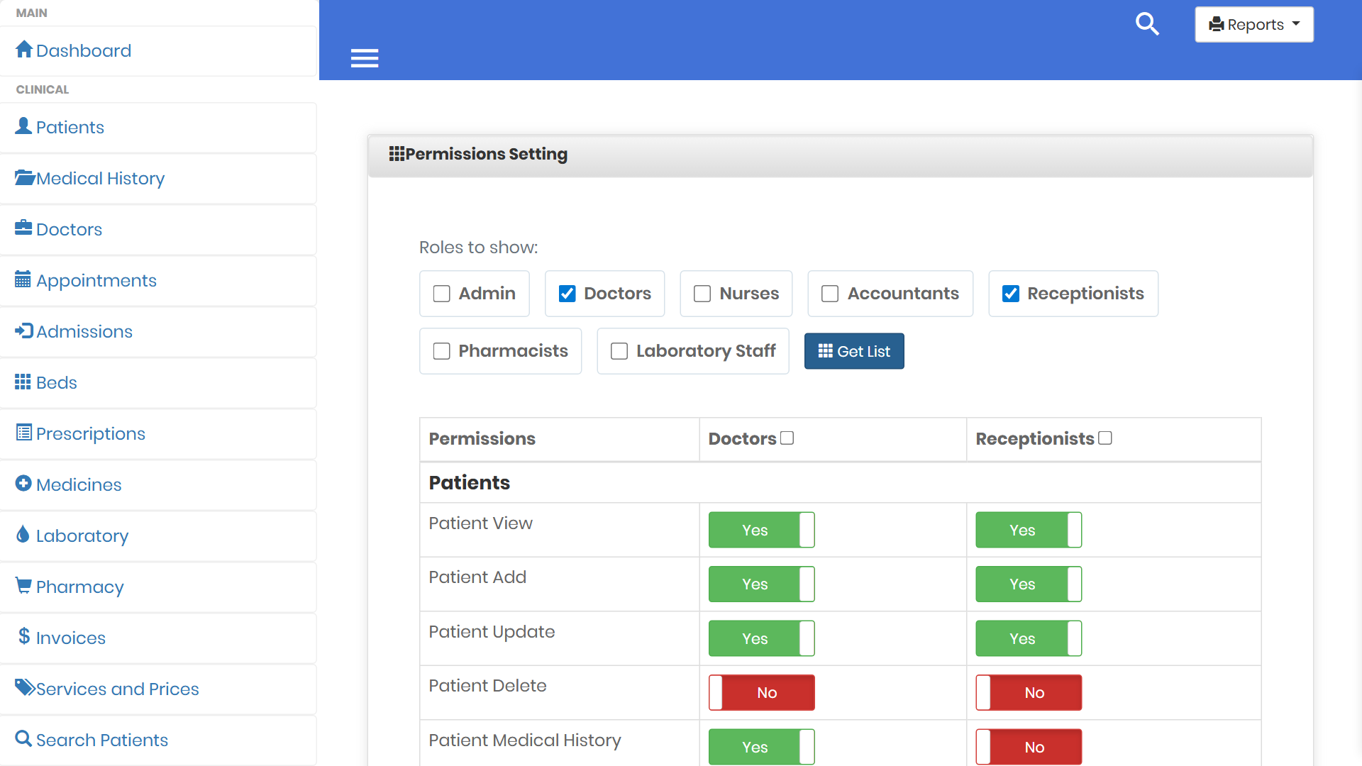 ICTHospital permission grid with the role picker for Admin, Doctors, Nurses, Accountants, Receptionists, Pharmacists and Laboratory Staff
