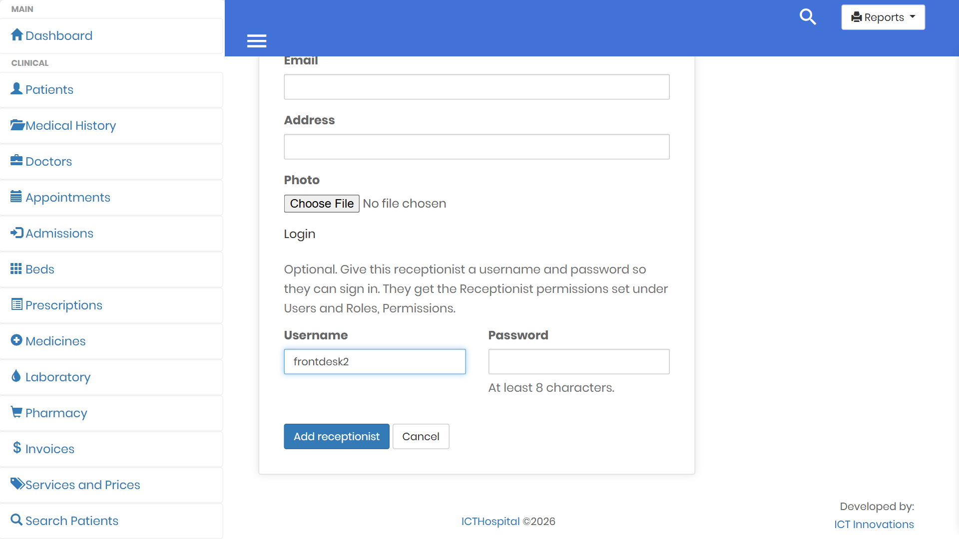 Add receptionist form in ICTHospital with the optional Login section