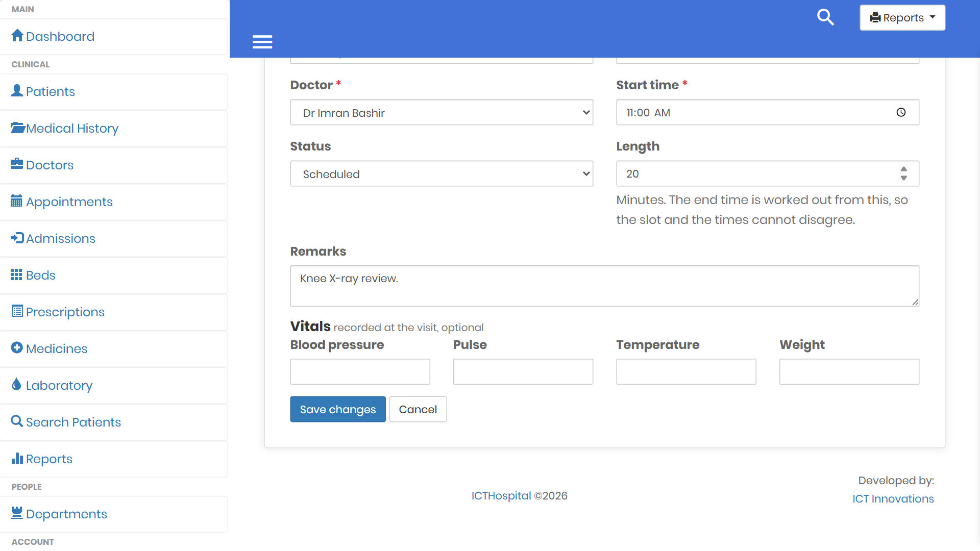 ICTHospital appointment form with the status and the vitals fields for blood pressure, pulse, temperature and weight